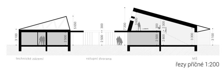 řez školkou a technickou částí – mateřská škola v semilech | Horalík Atelier